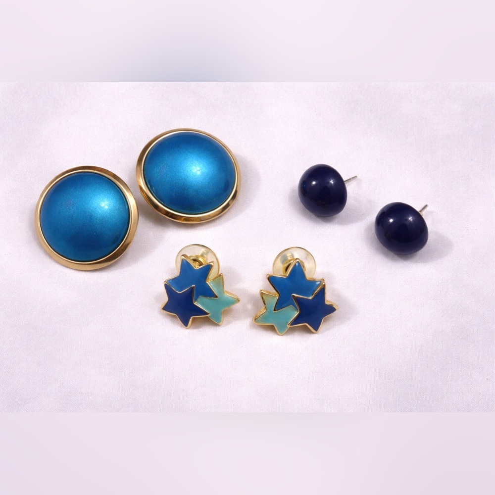 Blue Stud Earring Set 3 Pair Circle Star & Navy Earrings Collection Costume